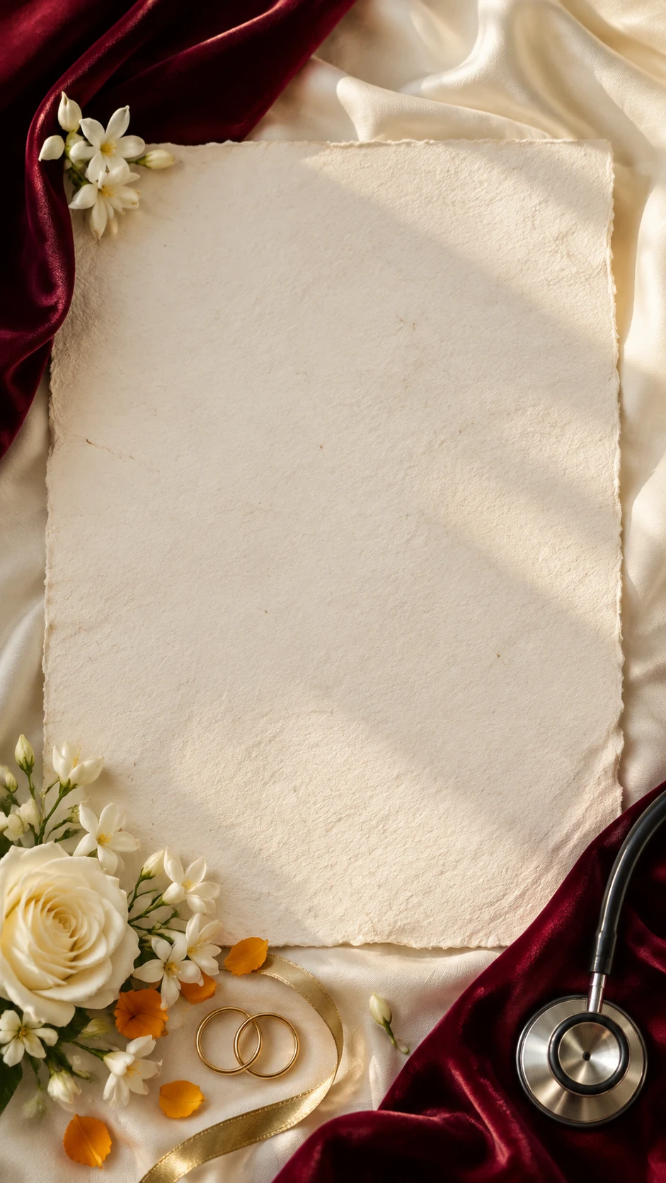 Illustrative wedding stationery with ivory paper, wine silk, flowers, rings and a subtle stethoscope
