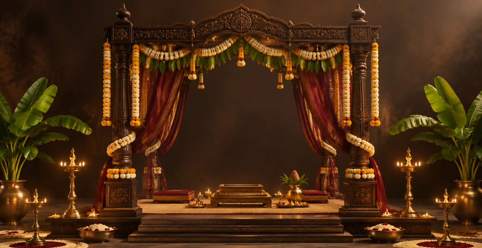 Illustrative ceremonial mandap with carved wooden pillars, natural marigold garlands, banana leaves and brass lamps